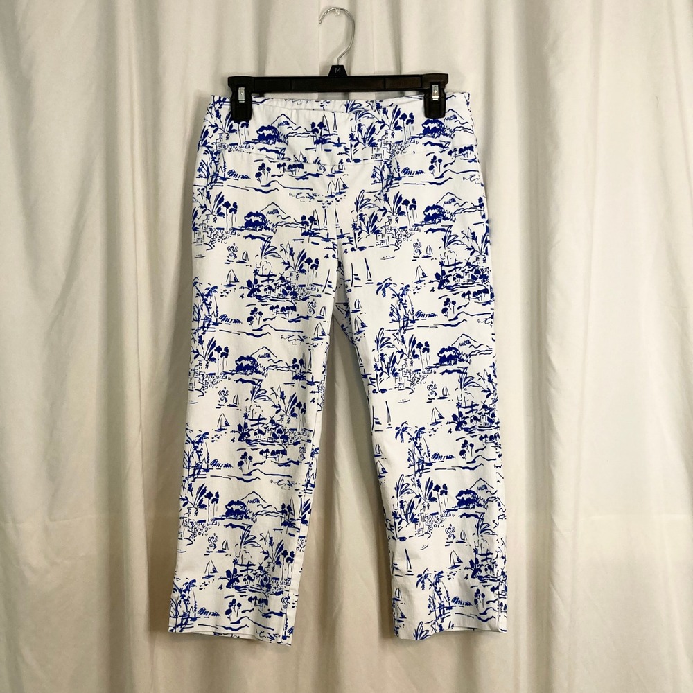 Blue White Toile Coastal Tropical Print Cropped Capri Pants Hope & Harlow 6